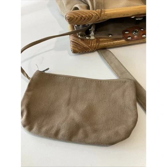Vintage Rattan Handle Tan Canvas Satchel Purse Attached Coin Purse Boho Retro‎ - Picture 9 of 13